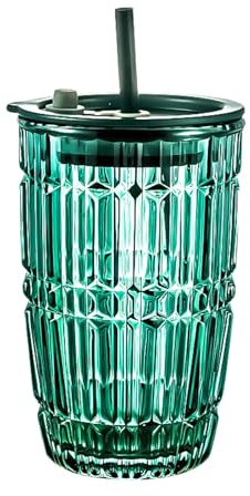 Soulnioi Vaso verde de 440 ml con tapa y popote, vasos de vidrio para batidos con diseño a rayas, vaso para beber