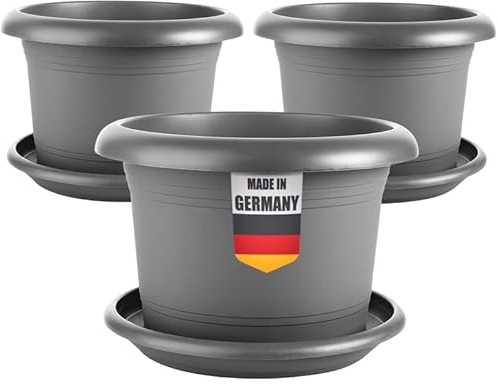 2friends Elegantes 3er-Set Blumentopf groß 40 cm Durchmesser - Pflanzkübel groß außen in Anthrazit, mit Untersetzer, Robust & Frostsicher, aus Kunststoff, für Garten, Balkon, Terasse