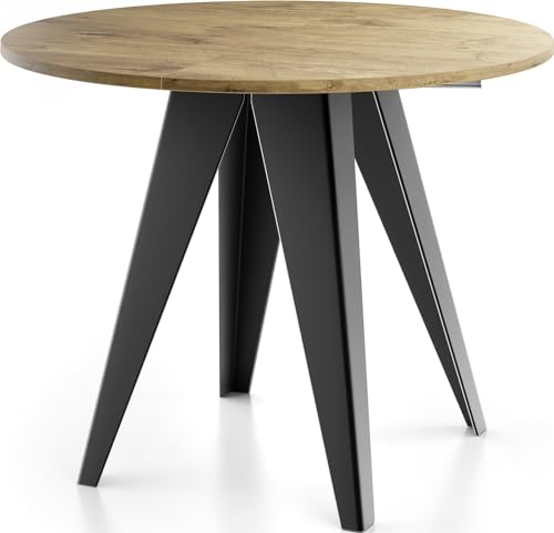 WFL GROUP Esstisch Glory im Industriestil - Modern, Rund - Ausziehbar von 90 cm bis 130 cm, mit pulverbeschichteten Metallbeinen, Tisch für Kleine Küche - Farbe (Eiche Lancelot, 90 cm)