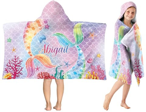 SearchI Meerjungfrau Kinder Kapuzen Strandtücher Personalisierte, Schnelltrocknend Kinder Poncho mit Kapuze Weich Badetücher Badehandtuch Handtücher Mädchen für Strand Bad Schwimmbad-76x127cm