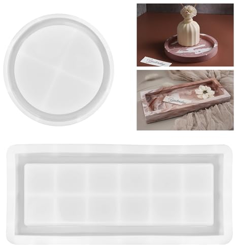 YAANBUNB 2 Stück Silikonformen Tablett Rechteckig/Rund Gießformen Silikon Tablett Silikonform Tray Groß Epoxidharz Formen Tablett Silikonform Runder Teller Silicone Molds Tray für Kunsthandwerk DIY