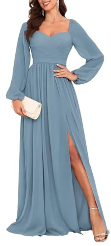 HPPEE Damen Langarm Brautjungfernkleider für Hochzeit Plissee A Linie Chiffon formelles Kleid mit Schlitz, dusty blue, 48