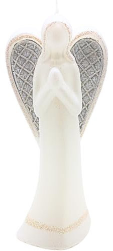 Dekohelden24 Hochwertige, handgemachte Kerze als betender Engel, Engelkerze mit Goldglitter, Engelskulptur aus Wachs in weiß, Größe L/B/H: ca. 7 x 6 x 21 cm.