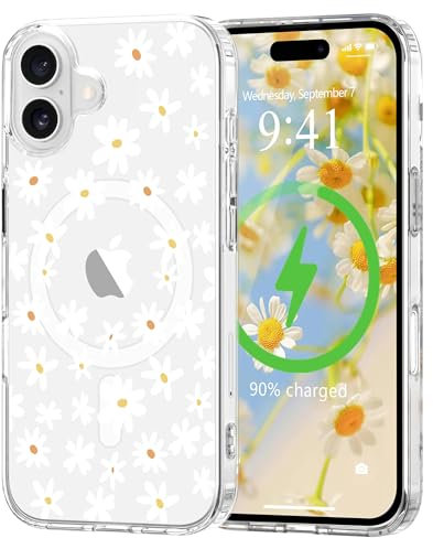 L-FADNUT Magnetic for iPhone 16 Case, Compatible with Magsafe Floral Pattern Design, Clear Girly Flower Cover Slim Bumper Shockproof Protective Phone Case for iPhone 16 White