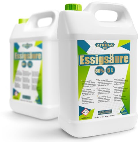 10 l d'acide acétique 80 % de qualité supérieure | 2 x 5 l d'essence de vinaigre 80 % de qualité alimentaire 10 kg | Vinaigre de haute pureté pour des applications polyvalentes | Parfait pour un usage