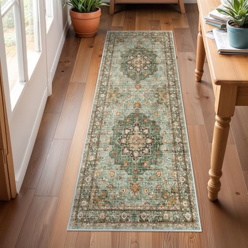 Waschbarer orientalischer Flurläufer – 5 x 15 cm große Teppiche für Wohnzimmer, weicher Teppich für Schlafzimmer, Küche, wasserdicht, Blumenmuster, Used-Look, schmutzabweisend, fusselfrei,