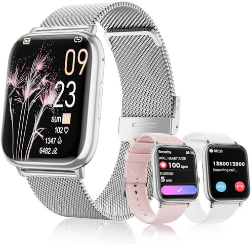 Loekneue Smartwatch Damen mit Telefonfunktion Bluetooth 1.83 Tocuh Uhr mit Menstruationszyklus SpO2 Schlafüberwachung Pulsuhr IP68 Fitness-Überwachung Schrittzähler Android IOS (Silber)