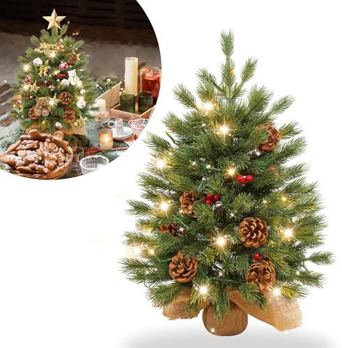 YRHome 60cm Mini Weihnachtsbaum künstlich klein Tischweihnachtsbaum Tannenbaum mit Beleuchtung künstlich PE-Material Christbaum mit 30 warmweiß LED, Kiefernzapfen und Roten Beeren für Weihnachten