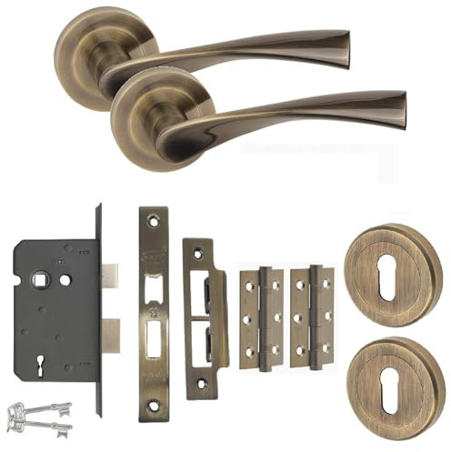 Golden Grace Astrid Design Key Lock Door Handles Set in Antique Brass Finish with Hinges & Mortise Lock