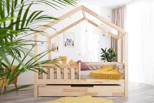 Generisch TreeTale Hausbett Bodenbett Pipit mit Schublade, Kinderbett, Montessori Bett Naturholzbett mit Rausfallschutz und Lattenrost ohne Matratze (70x160)