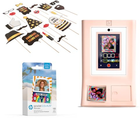 HP Sprocket Photo Booth Machine Instant Color Photo Printer (Pink) + Zink Paper (100 Sheets) + Birthday Party Photo Booth Props (25)