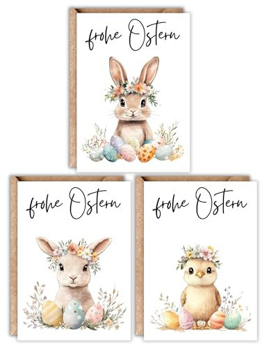 HIDEBLOOM I Osterkarten Klappkarten Set Osterhase mit Umschlag I 12 Stück I DIN A6 (10,5 cm x 14,8 cm) I Osterkarten Set mit Umschlägen I Ostereier Osterhase Küken Lamm I Grußkarten Ostern Postkarte
