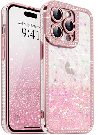 Ethanger for Sparkling Gradient Glitter Case for iPhone 14 Pro, Crystal Rhinestone Border Heart Back Cover for Girl Women Shockproof Soft TPU Cover for iPhone 14 Pro, Pink