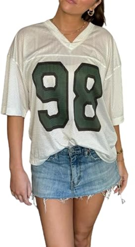 Cusghjbsg Women Basketball T-Shirt Summer Short Sleeve V Neck Number Print Loose Tops Oversized Jersey Baggy Pullover Shirt Streetwear (Ivory B, M)