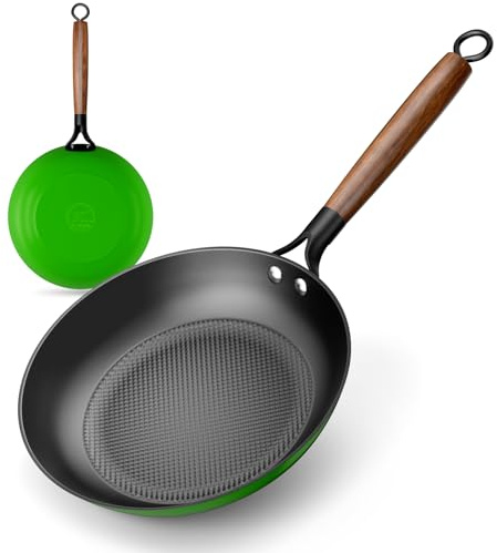 YUTANN Poêle en Fonte Induction 28 cm – Poêle à Frire avec Manche en Bois Amovible, Poêle à Frire Tous Feux dont Induction et Four, Cuisson Uniforme, Cast Iron Pan