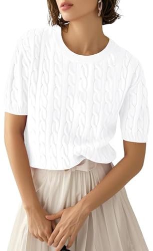LACOZY Short Sleeve Knit Sweater for Women Cable Knit Pullover Tops Crew Neck Lightweight Business Casual Work Shirts Summer White XL