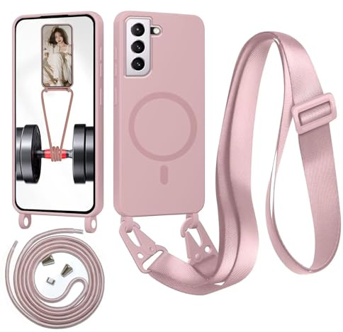 Beajew Handykette für Samsung Galaxy S21 FE Hülle mit Band [Kompatibel mit Magsafe] Flüssig Silikon Necklace Handyhülle Magnetische Schutzhülle zum Umhängen Kordel für Samsung S21 FE, Sandpulver
