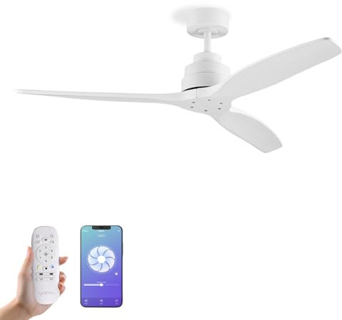 YOEVU Ventilador de techo, 132 cm, blanco, 30W, 3 aspas, motor DC silencioso, 6 velocidades, mando y WiFi, compatible con Alexa y app, control inteligente y eficiencia energética