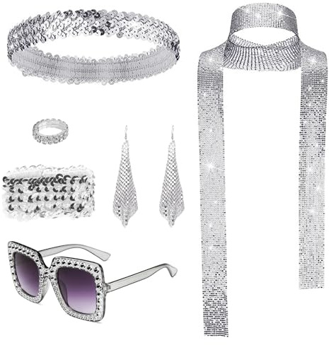 6 Stück 70er Jahre Disco Kostüm Zubehör Set Disco Accessoires 70er Damen mit Glitzer Pailletten Schal Disco Sonnenbrille Ohrringen Haarband Strassarmband Ring für 70er80er Fasching Karneval Kostüm