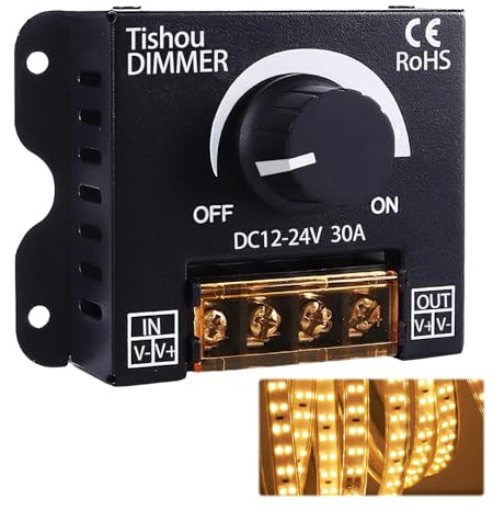EuSupNova LED Dimmer 12V 24V 30A PWM Helligkeitsregler Mit Ein/Aus Schalter | Drehregler, Für Einfarbige LED Streifen 5050 3528, Aluminiumgehäuse Robust Und Langlebig, Einfache Installation