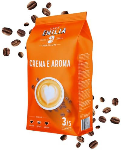 Café Emilia Crema e Aroma, Kaffeebohnen, Stärke 3/5, 1KG | Harmonischer Blend, mittlere Röstung, für Vollautomaten & French Press, ideal für Café Crema, Café Latte oder Americano