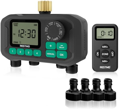 RESTMO Water Timers for Irrigation Irrigation Timer for Garden Hose | 4 Zone Remote Controlled Watering Timer, Up to 11h59m Programmable Watering Timer, Delay/Manual/Automatic Irrigation System