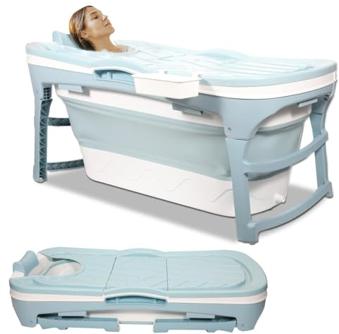 Vkechh Faltbare Badewanne für Erwachsene, Klappbare Mobile Badewanne 118×60×50 cm, Tragbar & Platzsparend, mit Abdeckung und Ablaufschlauch, für Bad, Dusche & Outdoor, Blau