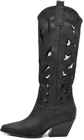 IF Stivali Alti Texani Donna Western in Pelle Sintetica Vegana, Design Traforato, Tacco Medio e Punta Affusolata