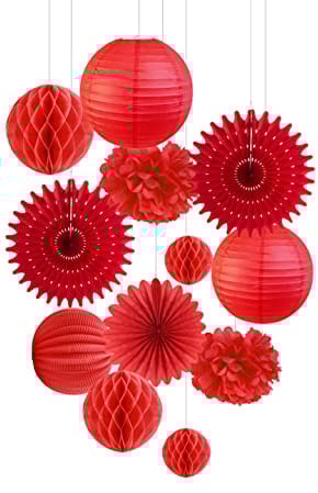 13er Set Papier Laternen Rot Pom Poms Rosetten Wabenbälle Valentinstag Dekoration Party Deko (Rot)