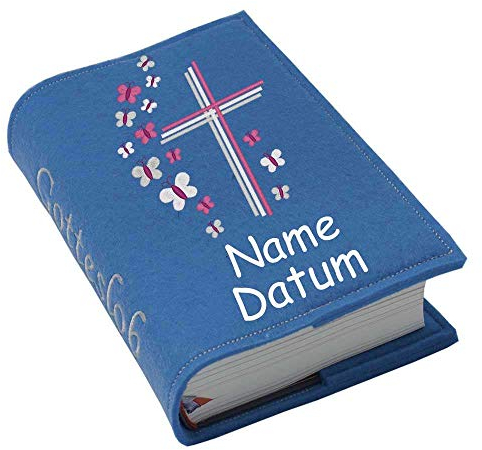 Gotteslob Gotteslobhülle Hülle Kreuz Schmetterlinge pink rosa Filz Namen bestickt Einband Umschlag personalisierte Gesangbuchhülle, Farbe:blau