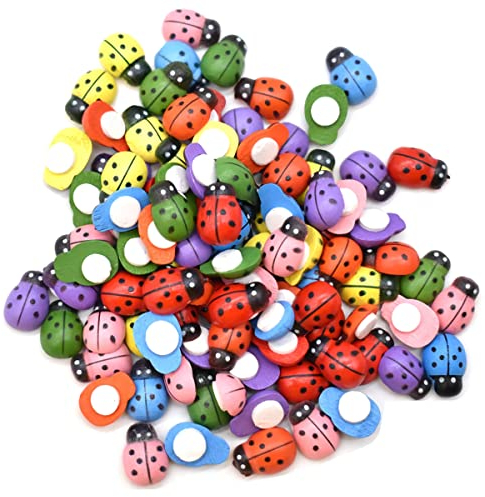 Zliger 200 Stücke Miniatur Holz Marienkäfer,Selbstklebend Bee Aufkleber GlÜCks Deko Mini DIY Handwerk Zum Basteln Ornament Set für Puppenhaus KÜHlschrank/Wandaufkleber Kinder Scrapbooking