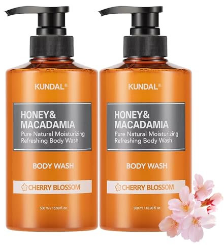 KUNDAL Natural Honey & Macadamia Lot de 2 gels douche douche à l'aloès, huile de noix de coco pour une douche relaxante, hydratant naturel 1 000 ml (500 ml x 2 pièces)