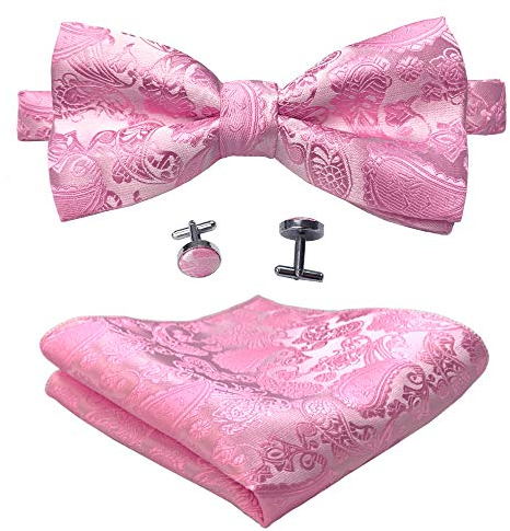 CANGRON Hommes Rose Pré-Noué Paisley Noeuds Papillon Poche Poche Boutons De Manchette Ensemble Noeud Papillon