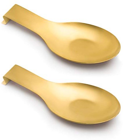 Pretty Jolly Stainless Steel Gold Spoon Rest for Kitchen Counter Cooking Utensil Rest Spoon Ladle Holder for Stove Top Rust Resistant Large Size Spatula Rest Dishwasher Safe 9.61 x 3.74 Inch(2PCS)