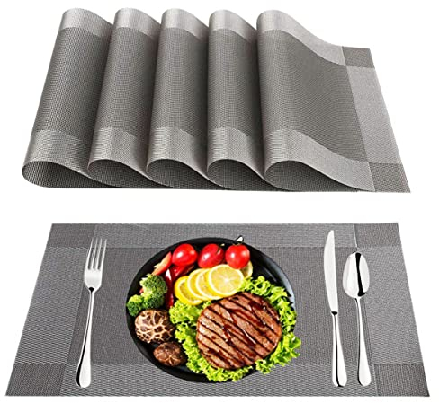 Tischsets Abwaschbar, 6er Platzset Abwischbar, Tischset Abwaschbar, 30x45cm PVC Platzdeckchen, Platzdeckchen PVC rutschfest Hitzebeständig, für Zuhause Restaurant Speisetisch, Silber