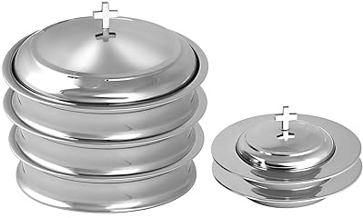 Communion Ware 3 Holy Wine Serving Trays with A Lid & 2 Stacking Bread Plates with A Lid - Stainless Steel (Mirror/Silver)