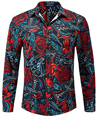 HISDERN Chemise Casual Homme Manche Longue Chemise Hawaïenne en Coton pour Hommes Boutonnée Coupe Classique RéTro Motif Rose Imprimé Soirée Thème,Rouge Et Vert