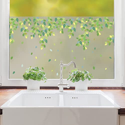 Sichtschutzfolie mit Blättern an Zweigen, Fensterfolie Fensterdeko Milchglasfolie, 55 cm hoch, 90 cm breit