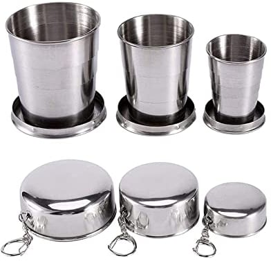 Becher Faltbar Edelstahl,3 Stück Camping Edelstahl Becher,75ml/150ml/250ml ,Teleskopbecher Mit SchlüSselbund,Tragbarer Outdoor Reise Camping Faltbecher, für Reise Picknick Wandern Outdoor(S/M/L)