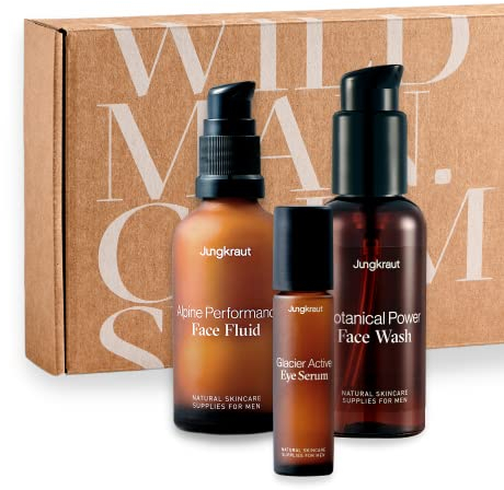 JUNGKRAUT Gesichtspflegeset für Männer, Schnelle Gesichtspflege mit Reinigungsgel, Feuchtigkeitscreme und Serum, spendet Feuchtigkeit, gegen fettige Haut, Anti-Aging Effekt, natürlich, aus der Schweiz