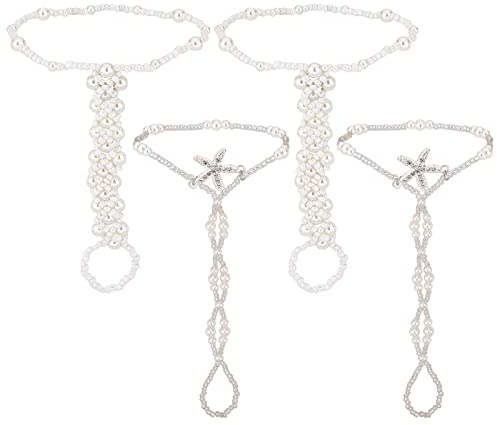SUNNYCLUE 1 Box 4 Stück Sommer Strand Fußkettchen Seestern Perlen Perlen Elastisches Fußkettchen Imitationsperle Barfuß Sandale Kette Hochzeit Sommer Strand Fußkette Zehenring Perle Für Frauen Party A