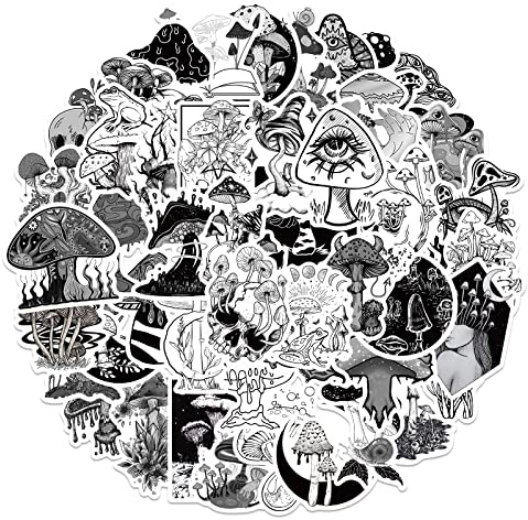50PCS Black and White Mushroom Stickers for Teens - Vinyl Pack for Skateboard, Guitar, Door, Laptop, Luggage, Car, Bike, Water Bottle - Birthday Party Supplies