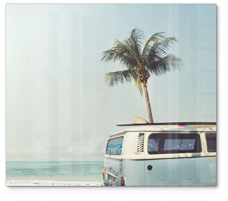 DEQORI Herdabdeckplatte Glas | einteilig 60x52 cm | Motiv Surfer-Bus am Strand | Ceranfeld Abdeckplatte für Küche | Herd-Abdeckung universal | Glasplatte & Schneidebrett für Kochplatten