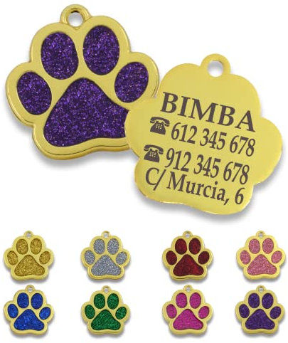 ibera gifts - Chapa Perro Grabada en Forma de Pata para Perros y Gatos Pequeños a Medianos, Placa Perro Personalizada, Metal Dorado con Purpurina, Tamaño 30 x 30 mm (Lila)