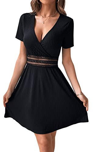 GORGLITTER Damen A-Linie Sommerkleid V-Ausschnitt Skaterkleid Elegant Freizeitkleid Shortkleid mit Spitzen Schwarz M