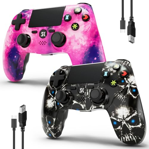 Mando para PS4 Inalámbrico Controlador de 2 Paquetes Multiplataforma compatible con PS4/Pro/Slim/PC/iOS/Android/MacOS con Doble Vibración/Conector de Audio de 3,5 mm/Panel Táctil Sensible(Rosa&Cráneo)