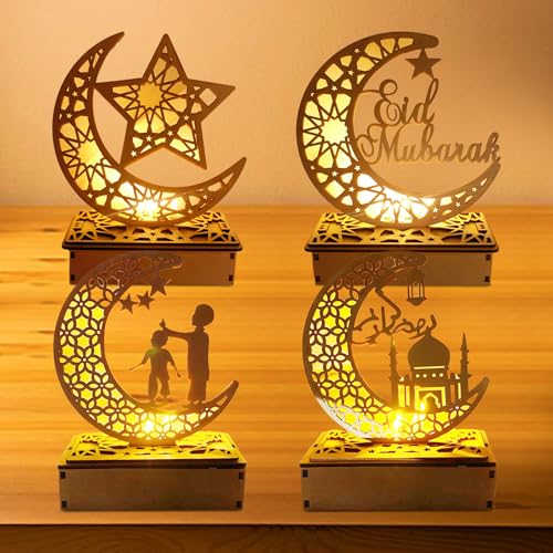 Ramadan Holz Lichter Dekoation, 4 Stück Ramadan Lampe LED Holz, Ramadan Dekoration, Mubarak Ramadan Lampe, DIY Eid Ramadan Fee Licht, Eid Mubarak Tischdekoration Mond Stern Nachtlichter Geschenke