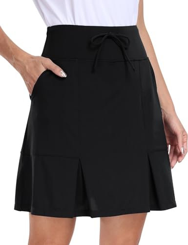 MoFiz Tennisrock Damen Golfrock Tennis Skort hoher Taille Stretch Sportrock Outdoorrock Knielang Sportrock mit Innenhose Schwarz L