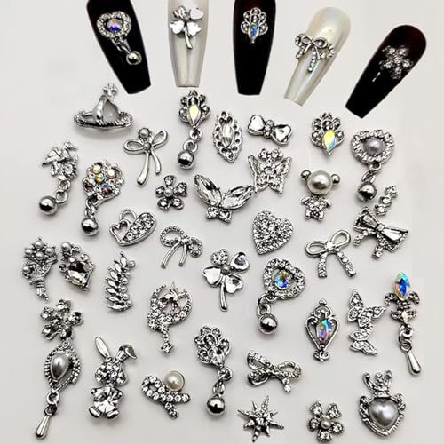 Nail Art Hearts and Bows,50PCS Mixed 3D Silver Pearl Rhinestones Bowknot Luxury Dangle Nail Art Charms (C Mixed Pattern Silver)