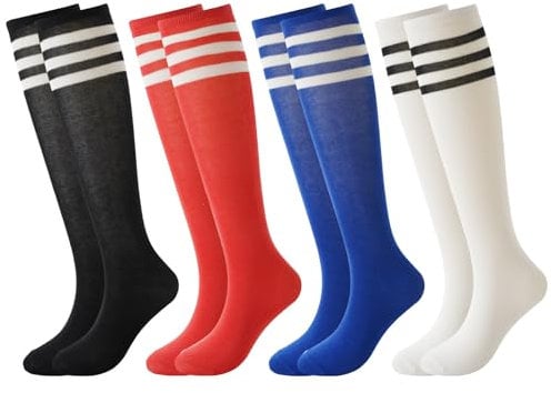 BONANGEL 4 Pairs Kids Football Socks Boys Girls 3-6 6-8 9-12 Years Knee High School Socks Black White Athletic Long Sleeves Cotton Sports Soccer Training Socks for Junior